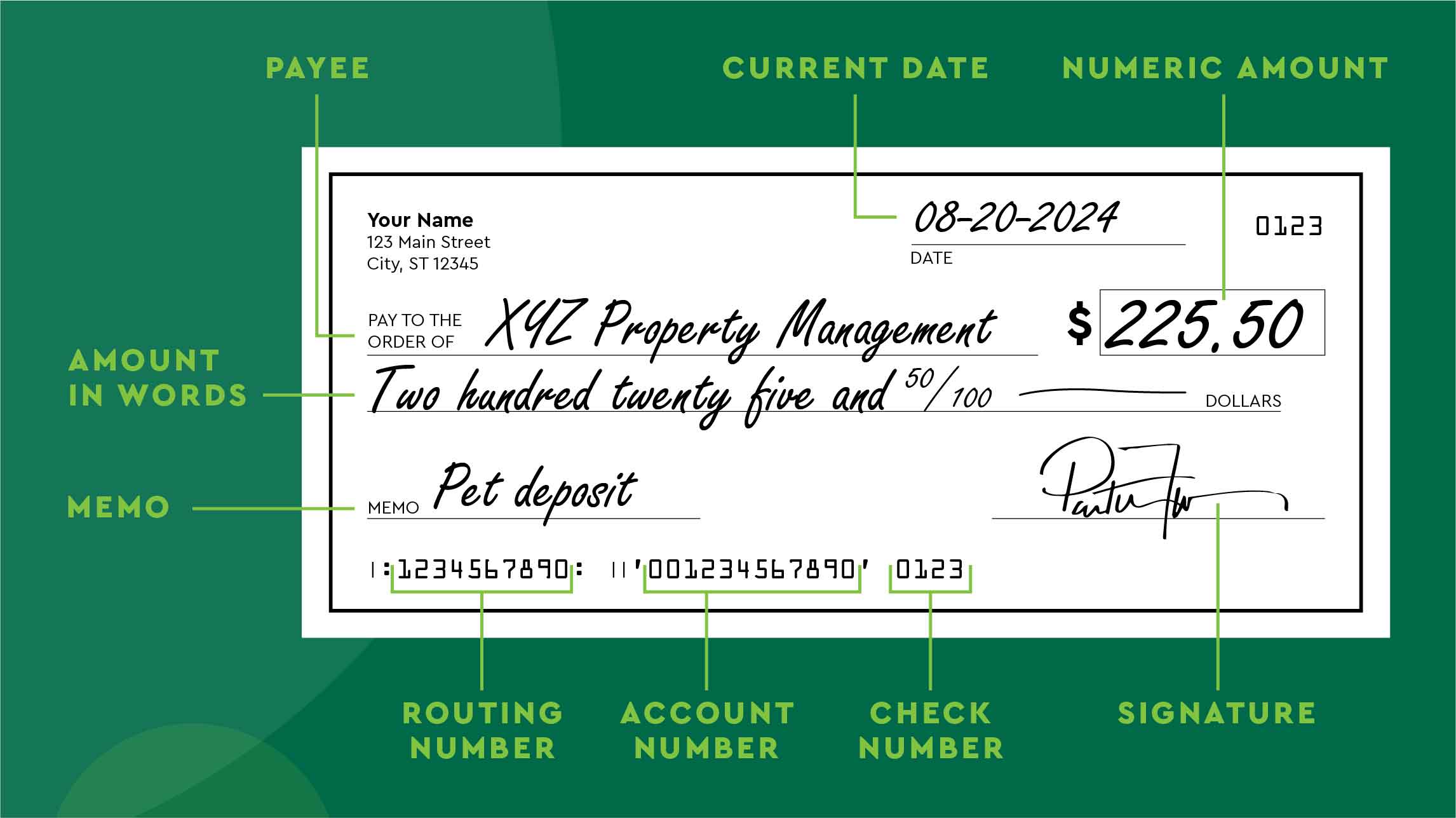 Image of a check with main elements titled and highlighted 