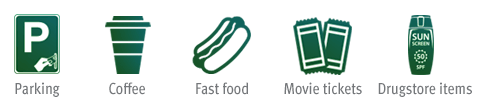 Parking, coffee, fast food, movie tickets, drugstore items
